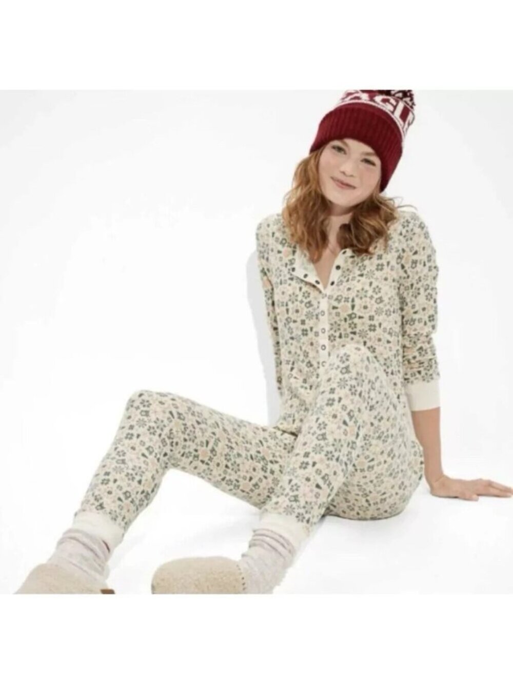 American Eagle Womens Waffle One Piece Pajamas Long-Sleeve Relaxed Fit XL
